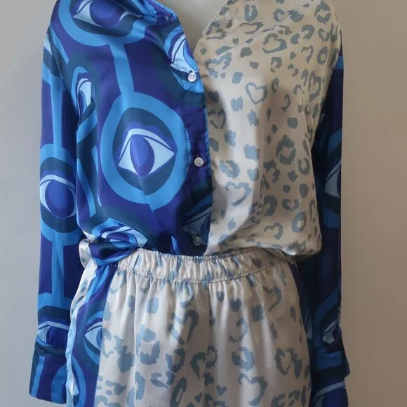 NWT Womens Bululu Magical Blue, White Print Satin Pants M Set - Picture 3 of 10